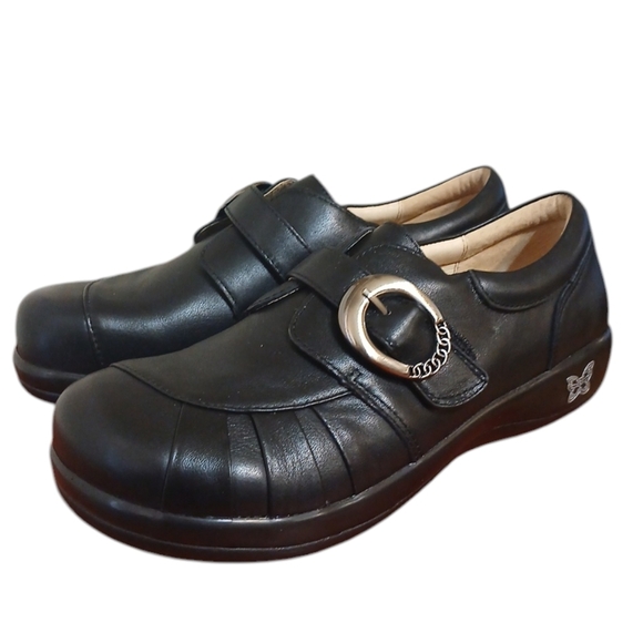 Alegria Black Leather Loafer Silver Buckle and Rounded Toe Flats Size 11 - Picture 1 of 14